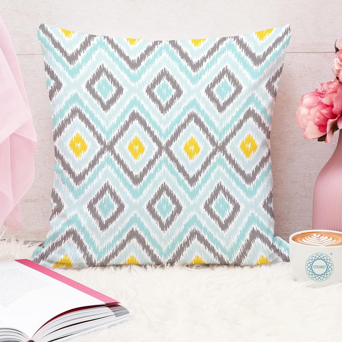 Ikat Geometric Printed Cushion Covers – Set of 5, Blue & White, 16x16 Inches