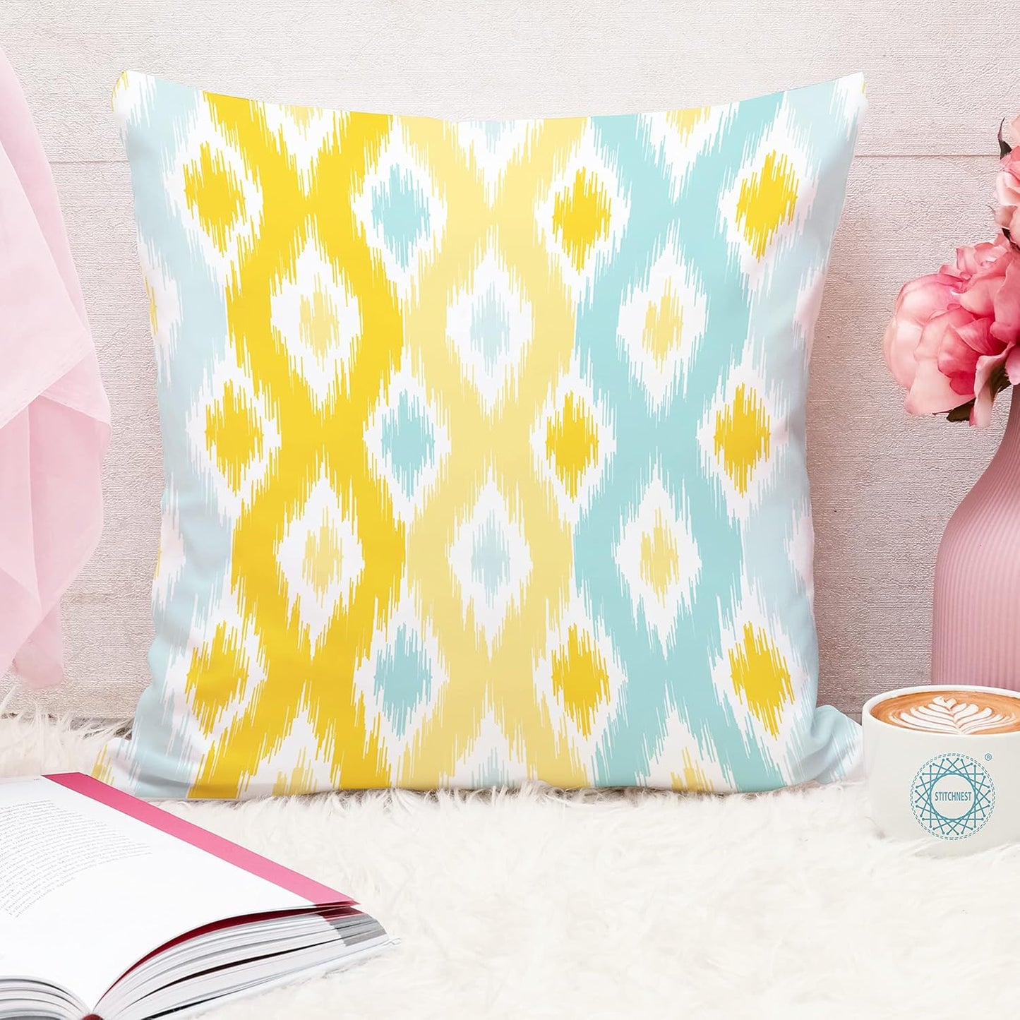 Ikat Geometric Printed Cushion Covers – Set of 5, Blue & White, 16x16 Inches