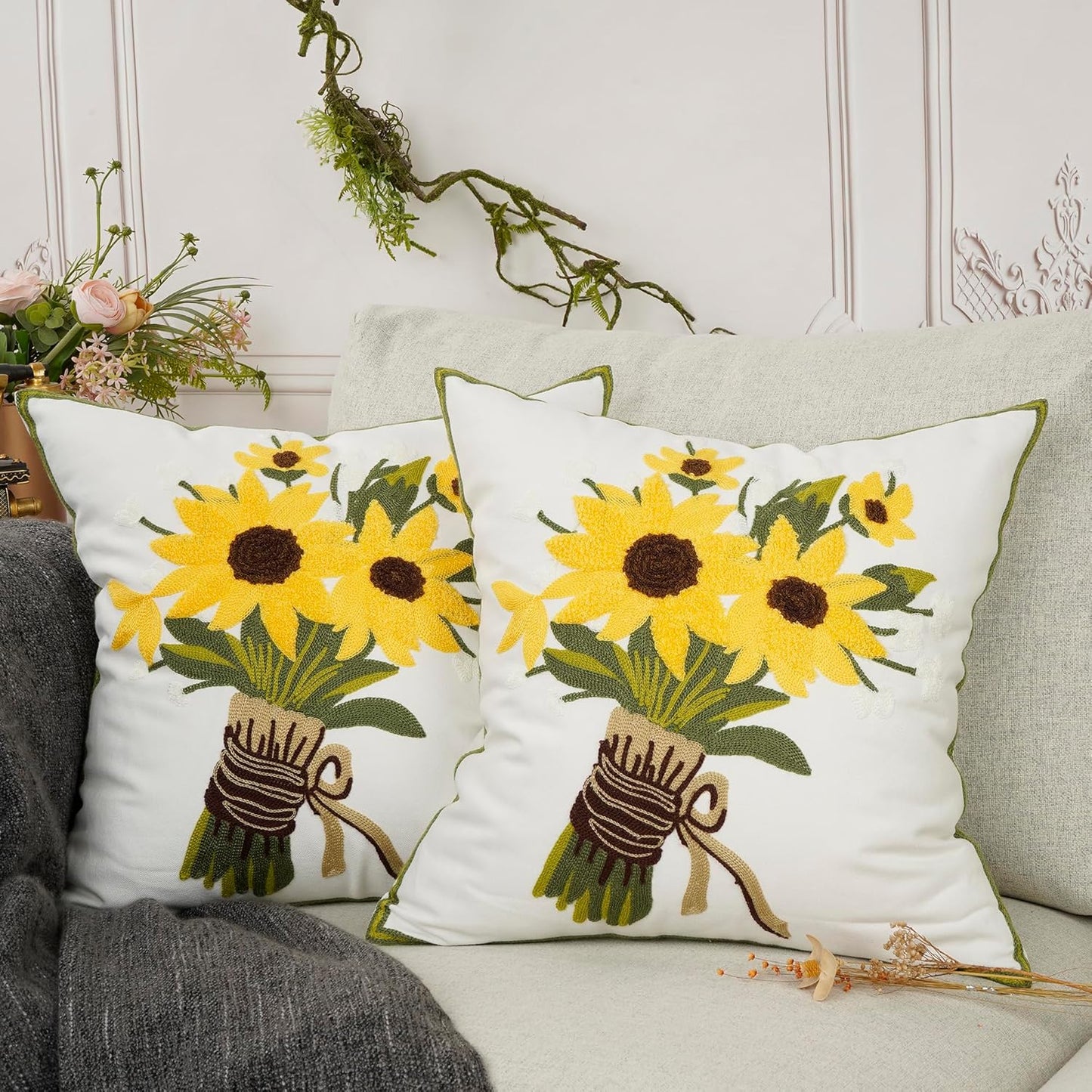 Sunflower Embroidered Throw Pillow Cover – Pack of 2 (16"x16")