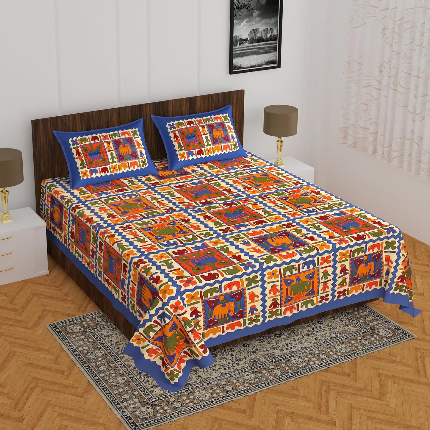 Jaipuri Royal Cotton Double Queen Size Bedsheet Set with 2 Pillow Covers