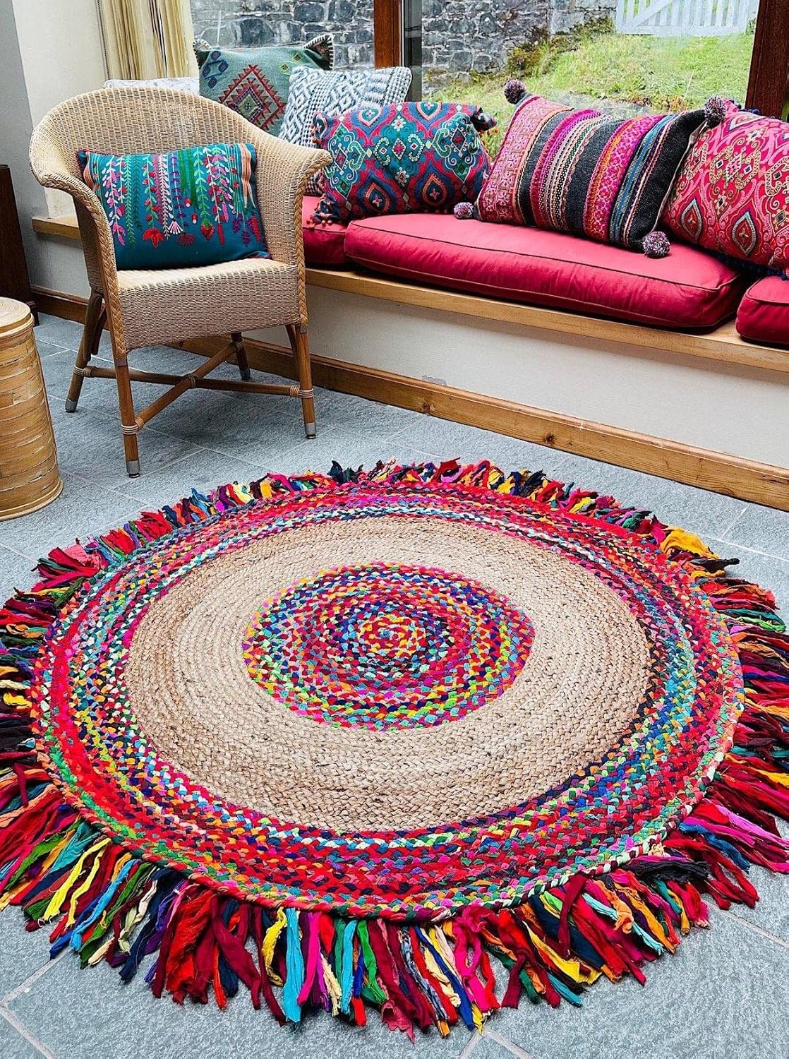 Handloom Jute & Shreds Braided Round Rug – 90 cm