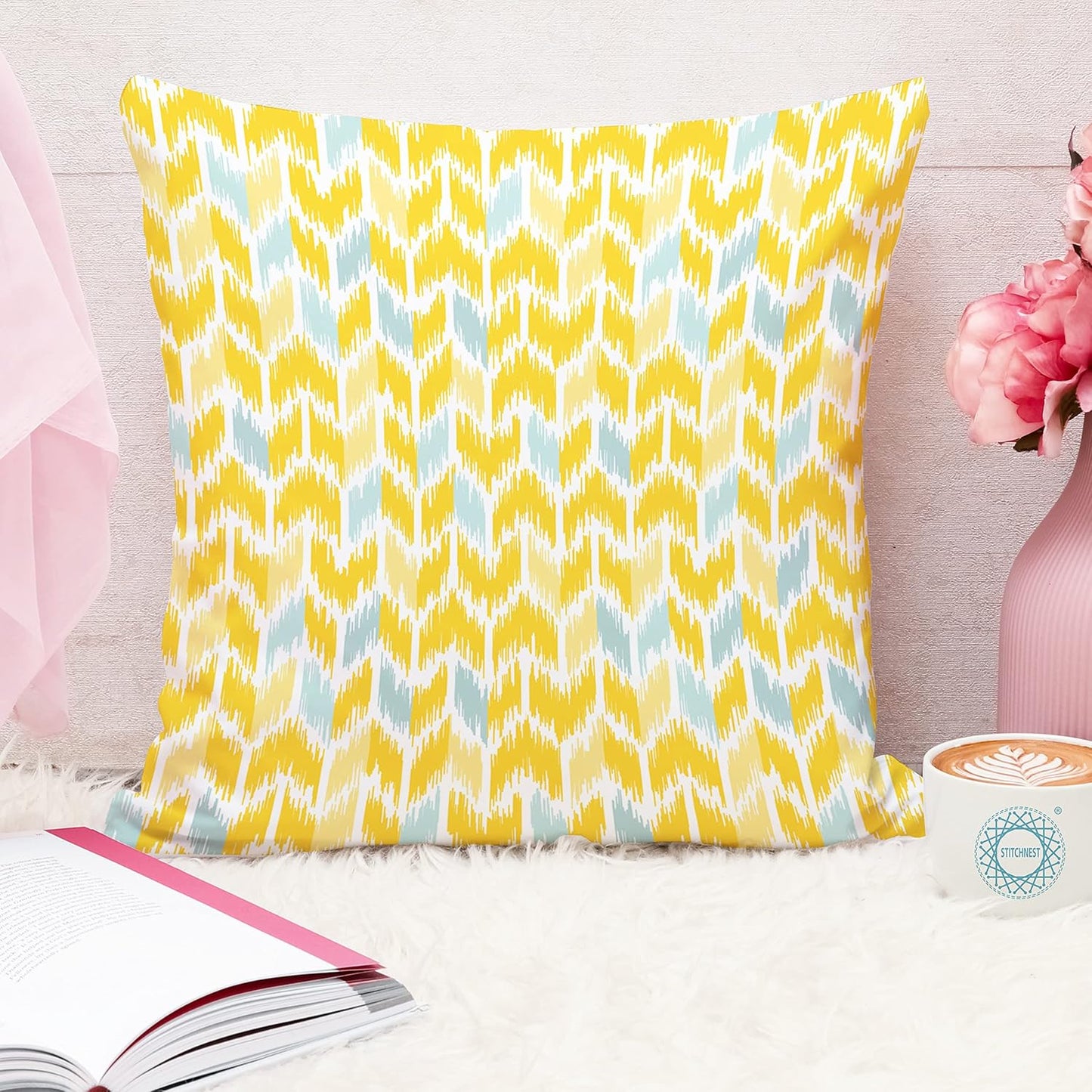 Ikat Geometric Printed Cushion Covers – Set of 5, Blue & White, 16x16 Inches