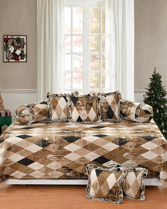 Decorative Frill Checked Cotton Diwan Set β 8 Pcs