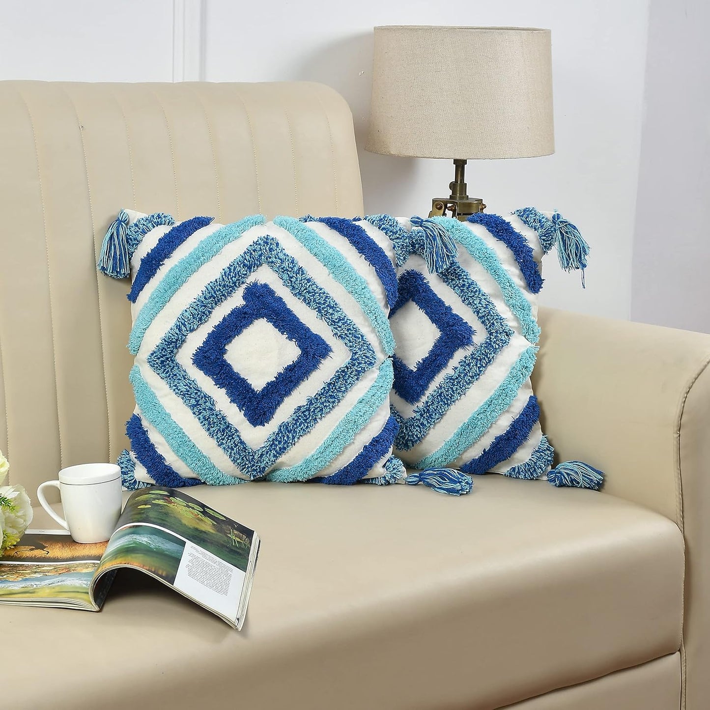 Blue Diamond Tufted Embroidered Cushion Cover 16x16 Inches (Pack of 2)