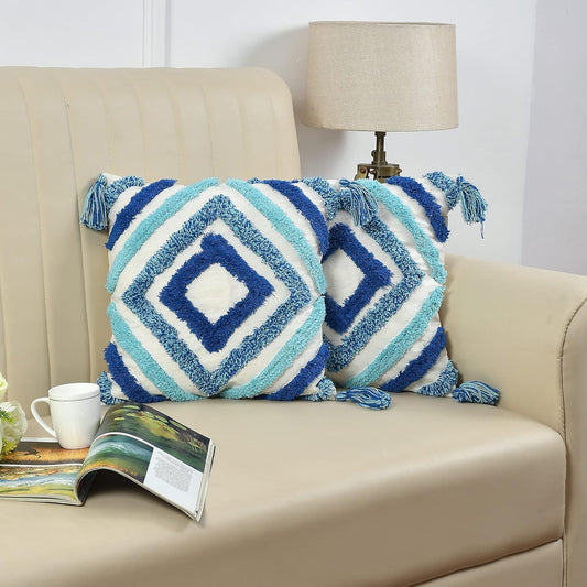 Blue Diamond Tufted Embroidered Cushion Cover 16x16 Inches (Pack of 2)