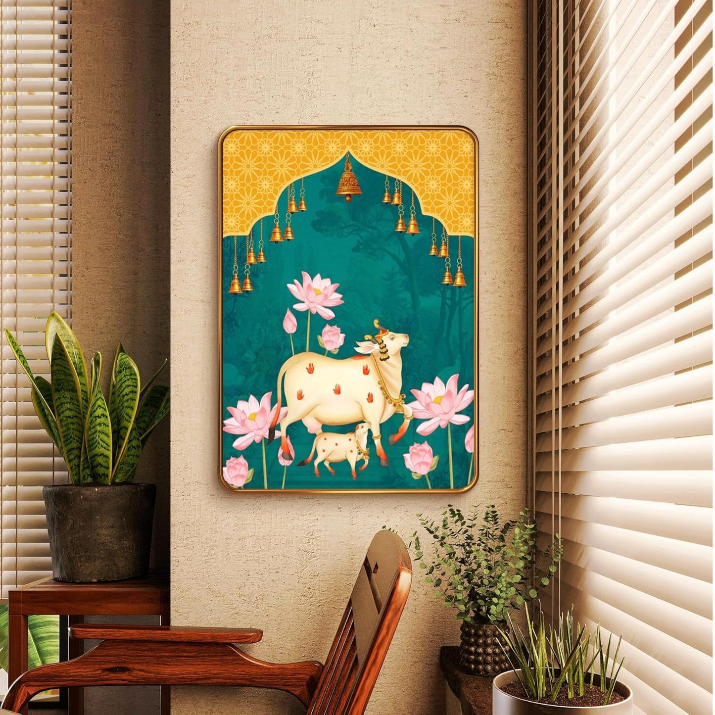Premium Pichhwai Cow & Lotus Print with Sparkle Lamination – Golden Slim Frame (50 x 34 cm, MG471)