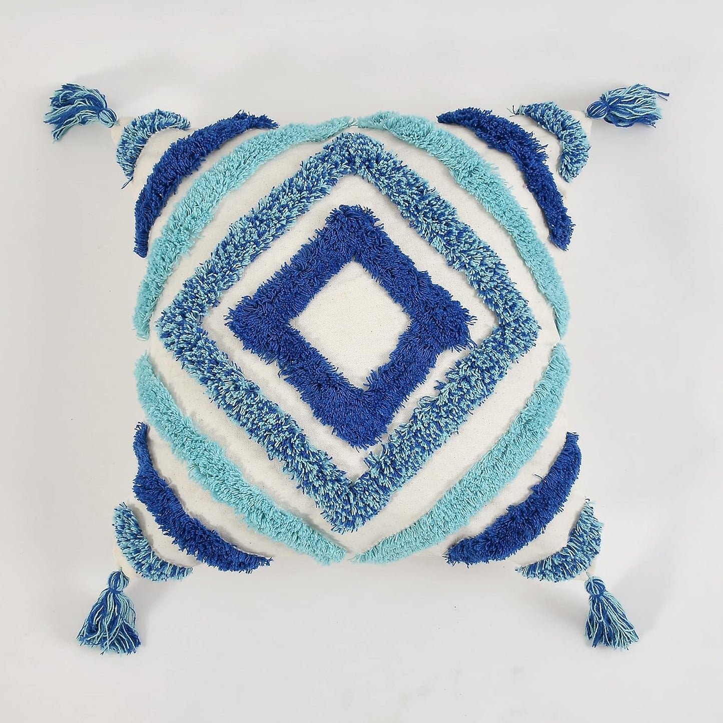 Blue Diamond Tufted Embroidered Cushion Cover 16x16 Inches (Pack of 2)