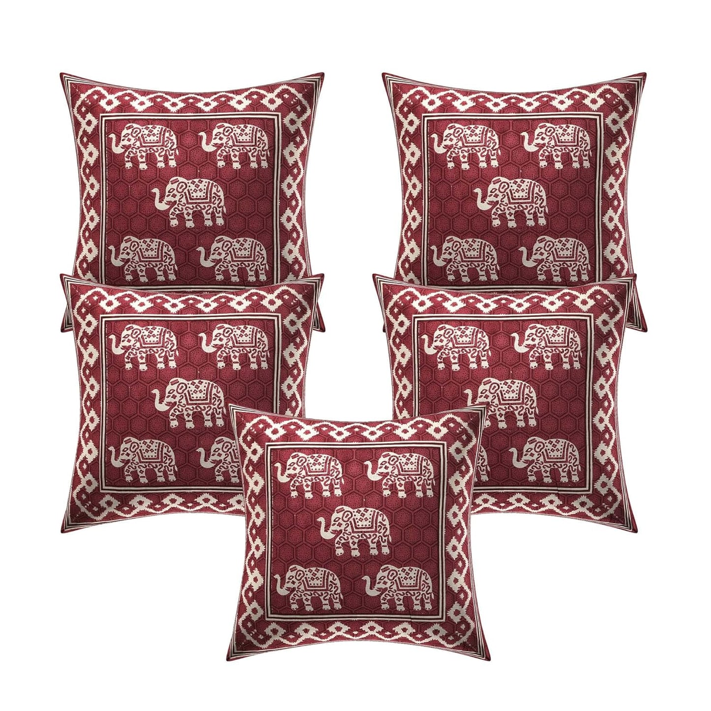 Elephant Motif Cushion Covers – Set of 5 (16x16 Inches)