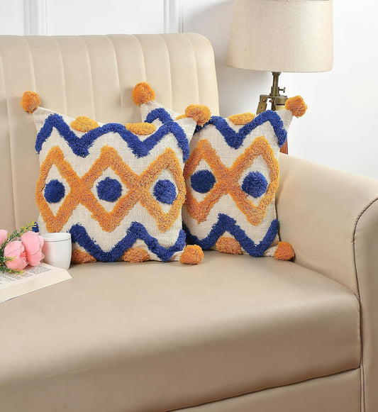 Set of 2 Tufted Cotton Cushion Covers – 16x16 Inch, Blue & Yellow