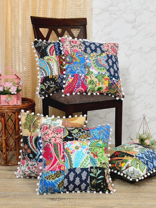 Jaipur Export Quality Handmade Kantha Cushion Covers – Set of 5, Reversible, 16x16 Inches