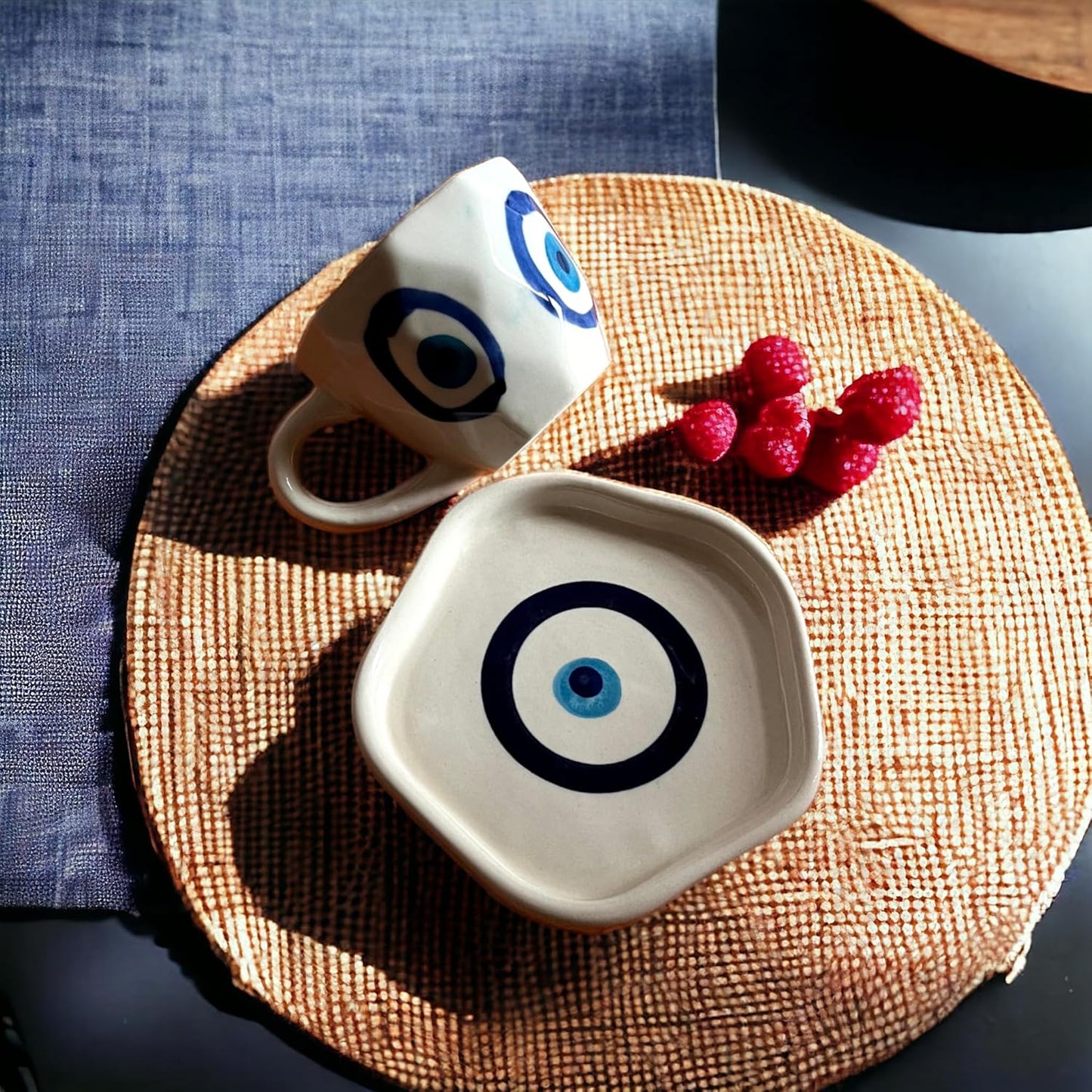 Handcrafted Ceramic Nazarbattu (Evil Eye) Cup & Saucer Set (300 ml)