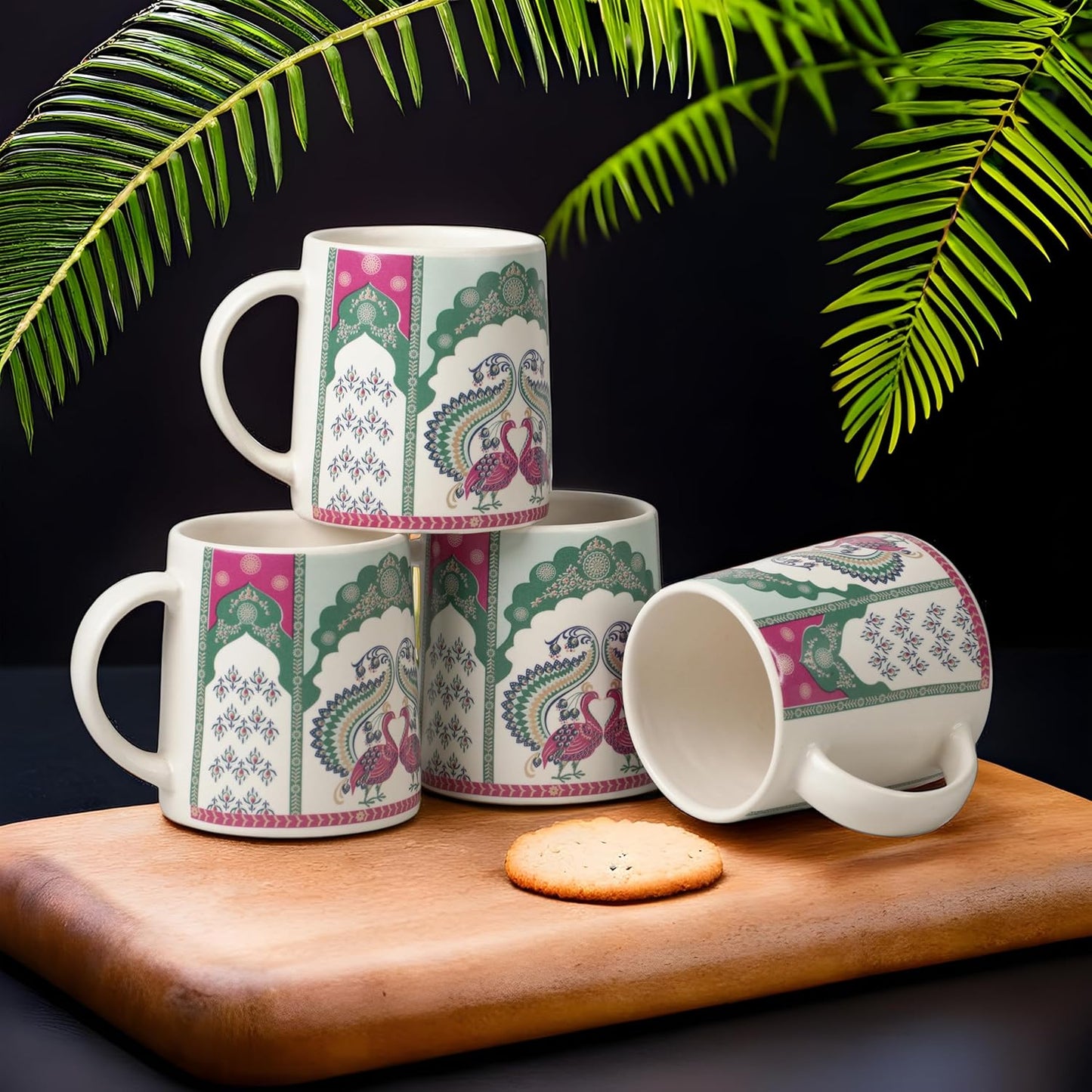 Peacock Elegance Ceramic Tea/Coffee Mugs – Set of 2