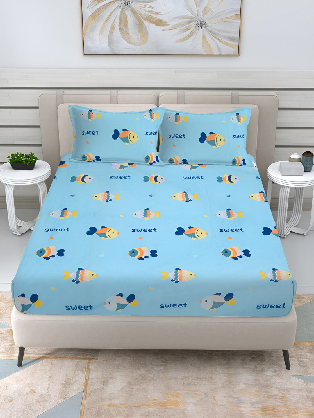 Rangloom Fabrics Blue Conversational Cotton Breathable 300 TC King Fine Bedsheet with 2 Pillow Covers
