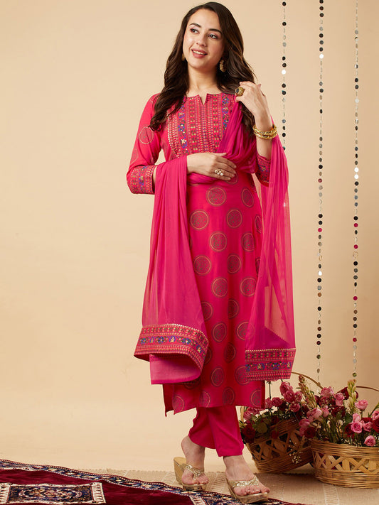 Rani Raiment Pink Ethnic Motifs Printed Gotta Patti Kurta With Trousers & Dupatta
