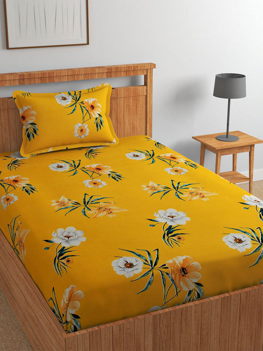 Rangloom Fabrics Yellow Floral Cotton 180 TC King Fine Bedsheet with 2 Pillow Covers