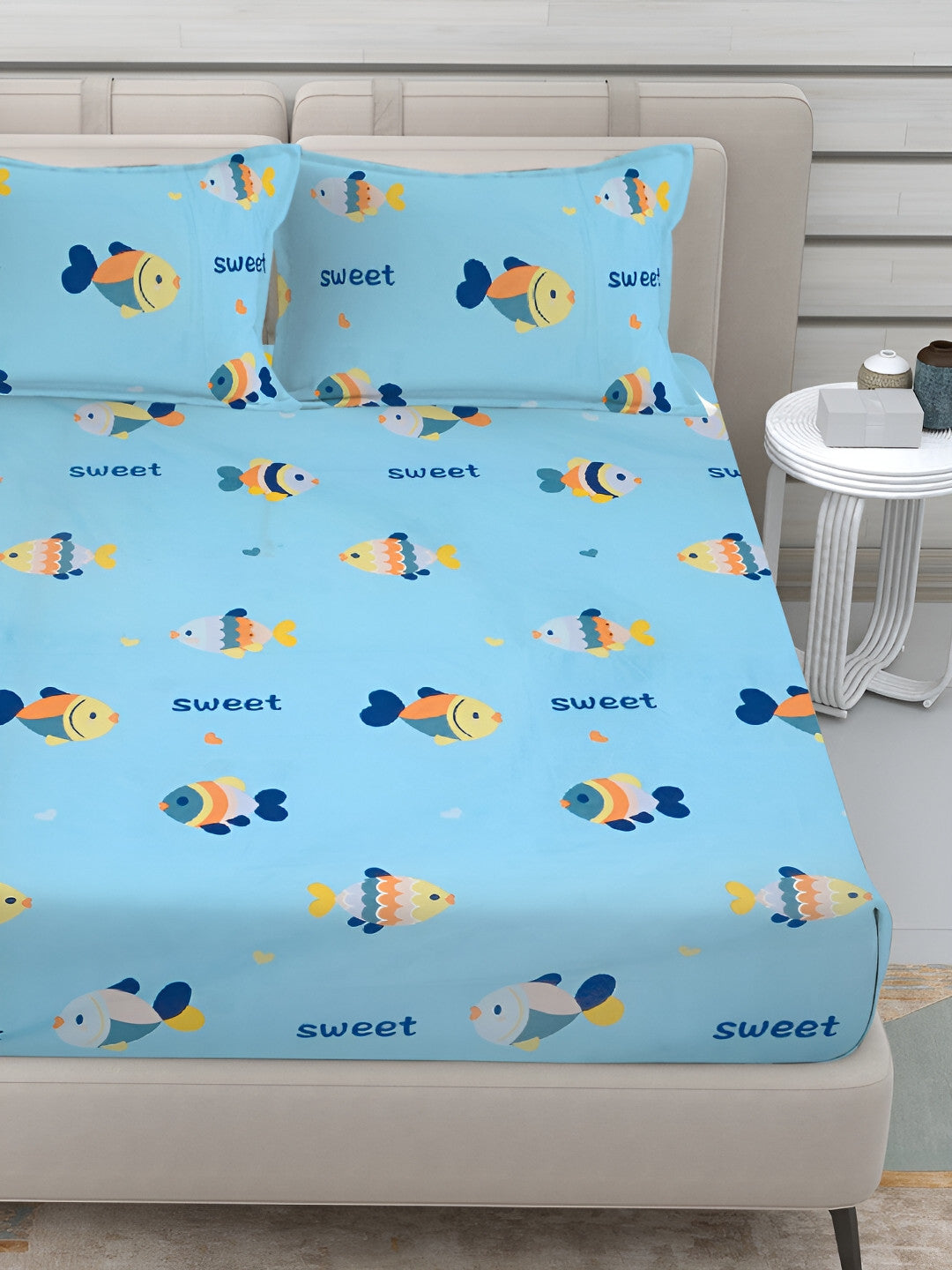 Rangloom Fabrics Blue Conversational Cotton Breathable 300 TC King Fine Bedsheet with 2 Pillow Covers
