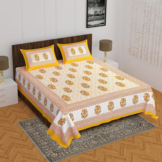 Botanical Block Print Cotton Bedsheet with Pillow Covers