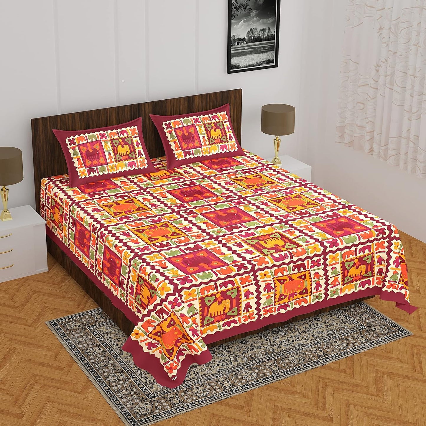 Jaipuri Royal Cotton Double Queen Size Bedsheet Set with 2 Pillow Covers