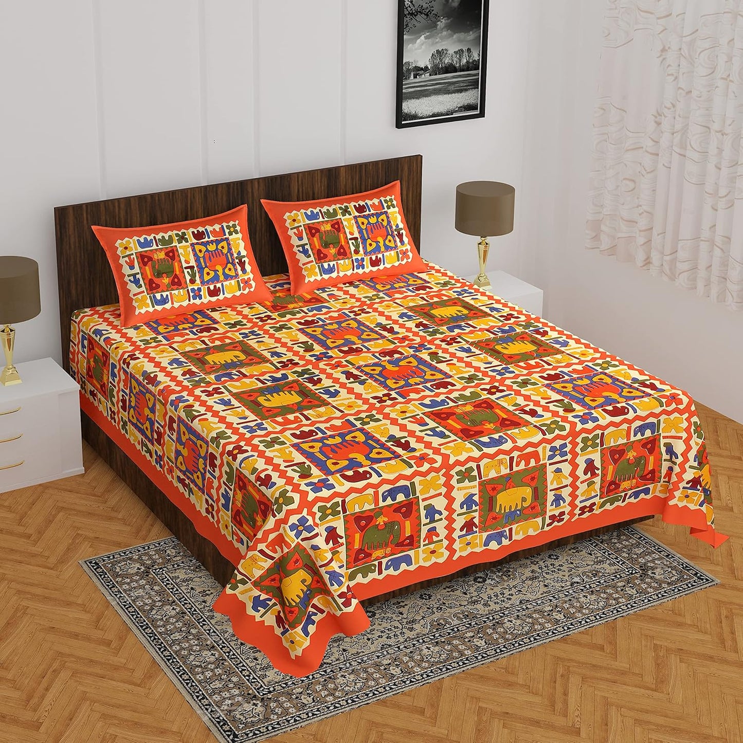 Jaipuri Royal Cotton Double Queen Size Bedsheet Set with 2 Pillow Covers