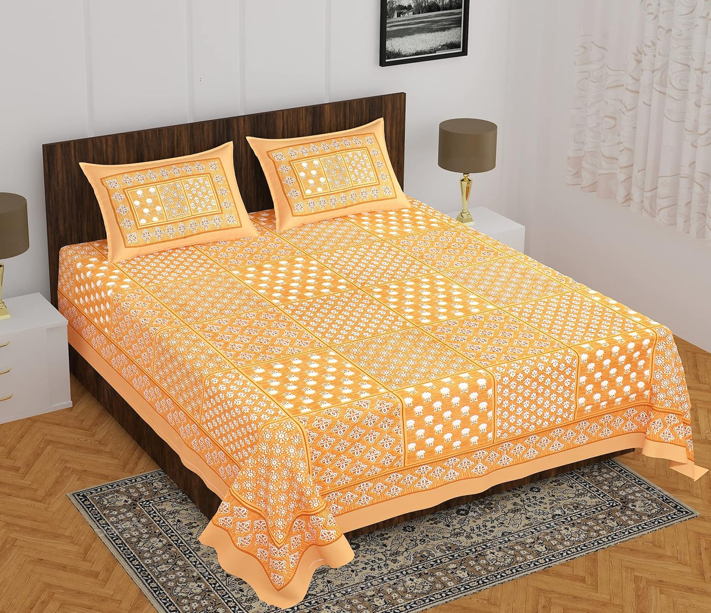 Rajasthani Jaipuri Square Design 100% Cotton Bedsheet with Pillow Covers