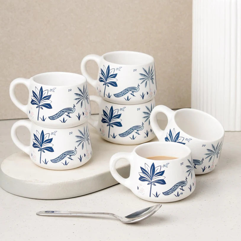 Blue Floral Design Ceramic Coffee Mugs  (Set of 6, 150ml)