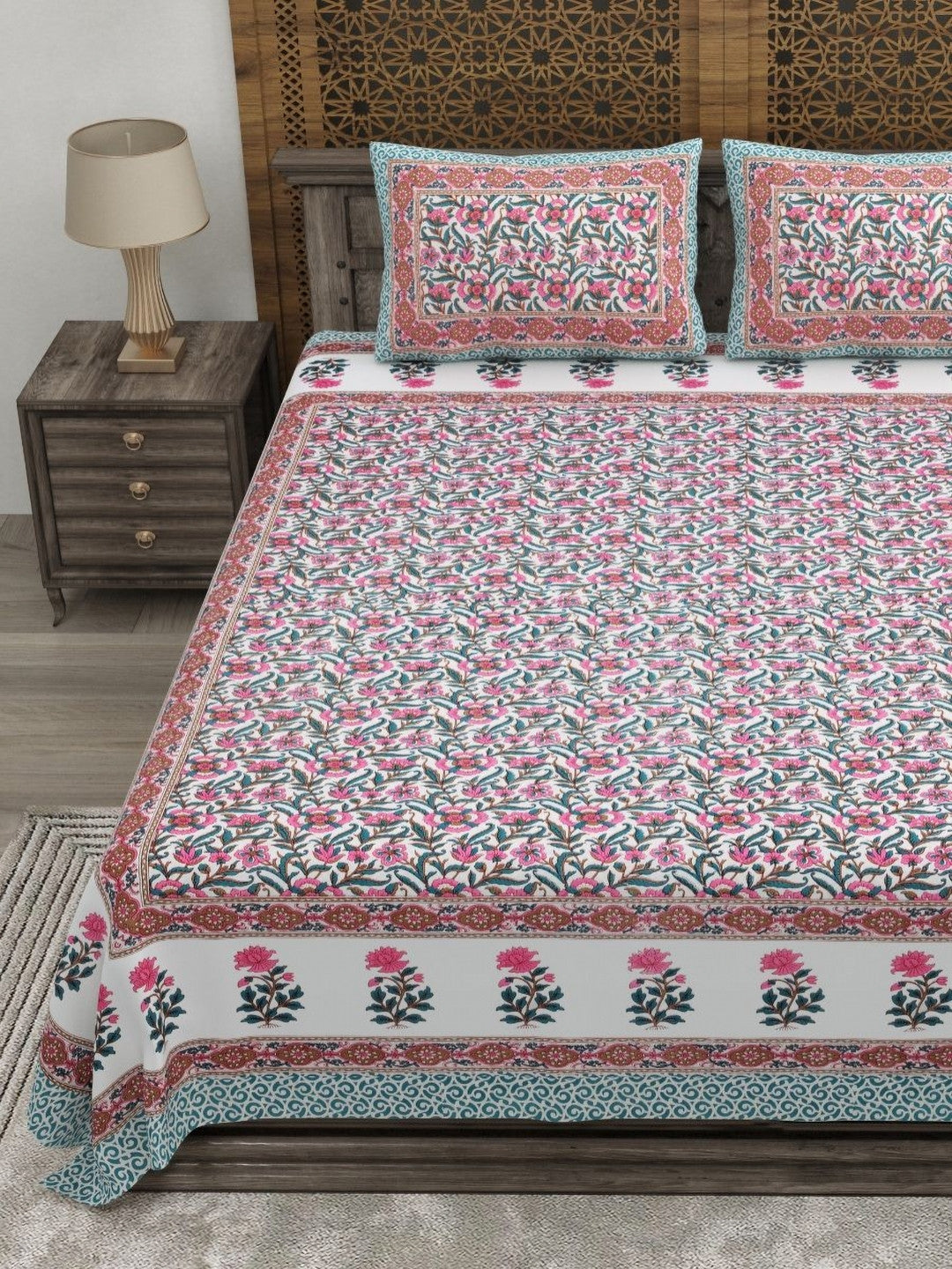Rangloom Fabrics Green Floral Pure Cotton 180 TC King Fine Bedsheet with 2 Pillow Covers-275 x 225 cm