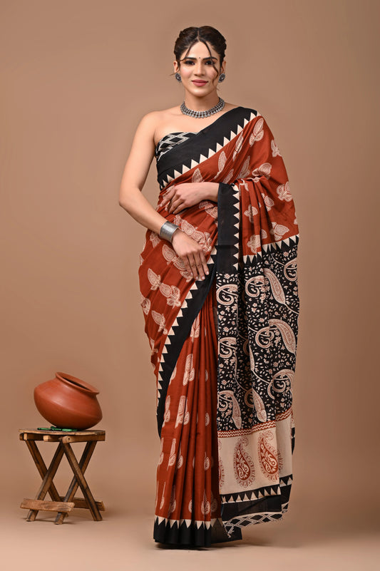 Rust Brown Ethnic Block Printed pure Mulmul Cotton Saree