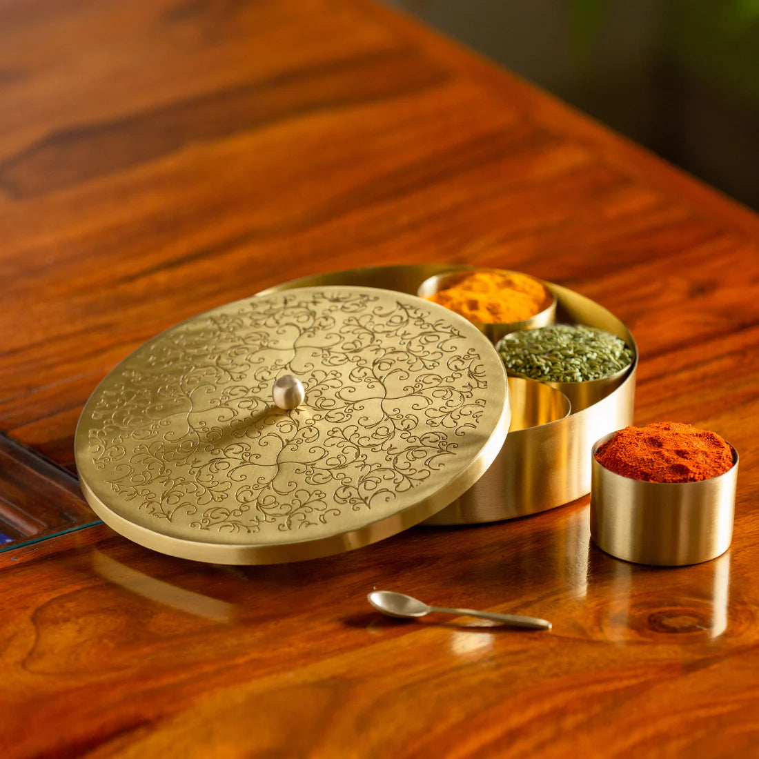 Floral- Metal -Etched Spice Box Set For Kitchen With Spoon Spice Box Set For Kitchen (7 Containers, 40 ML)