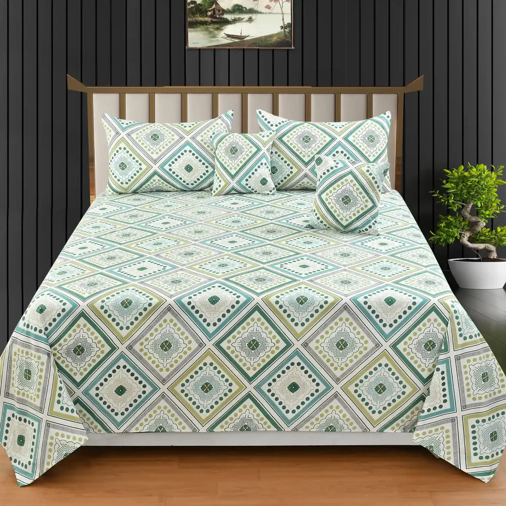 Emerald Green Cotton King Size Quilted Bedsheet Set - 5-Piece