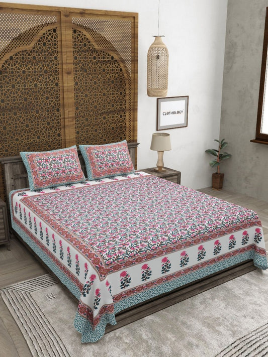 Rangloom Fabrics Green Floral Pure Cotton 180 TC King Fine Bedsheet with 2 Pillow Covers-275 x 225 cm