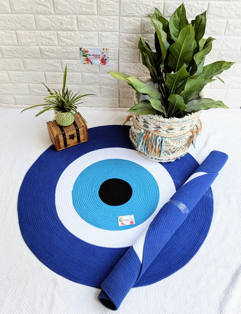 Evil Eye Natural Jute Reversible Rug Hand Braided Round Area Rug for Home Décor