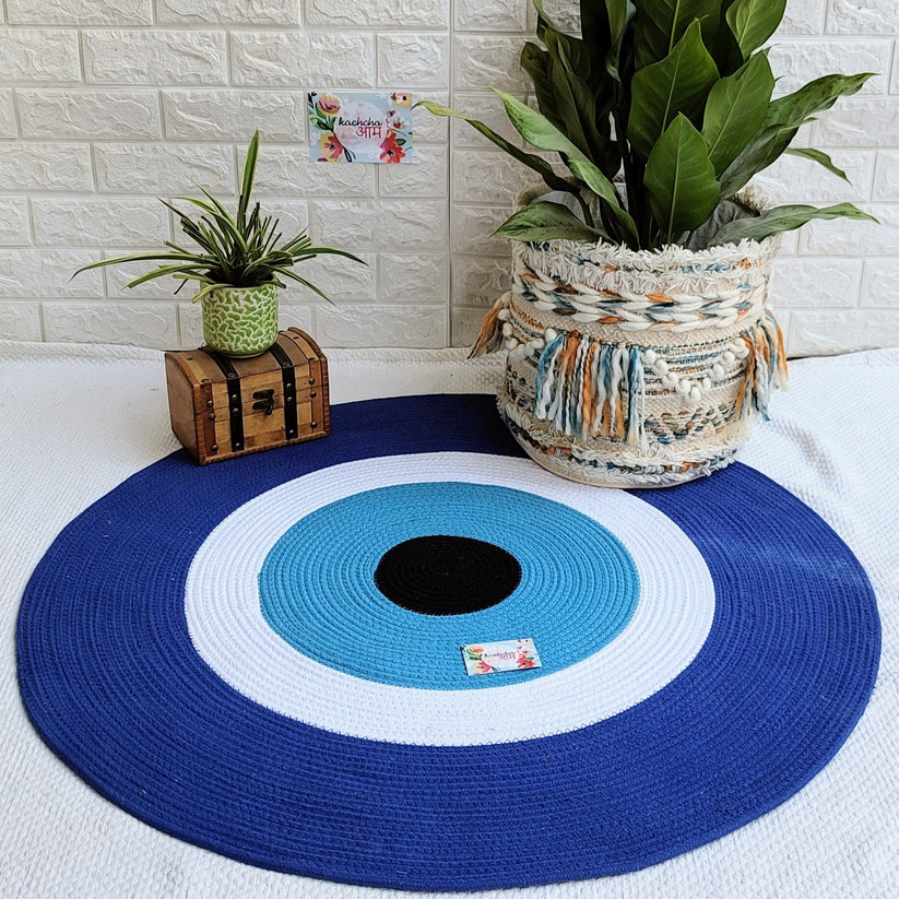 Evil Eye Natural Jute Reversible Rug Hand Braided Round Area Rug for Home Décor