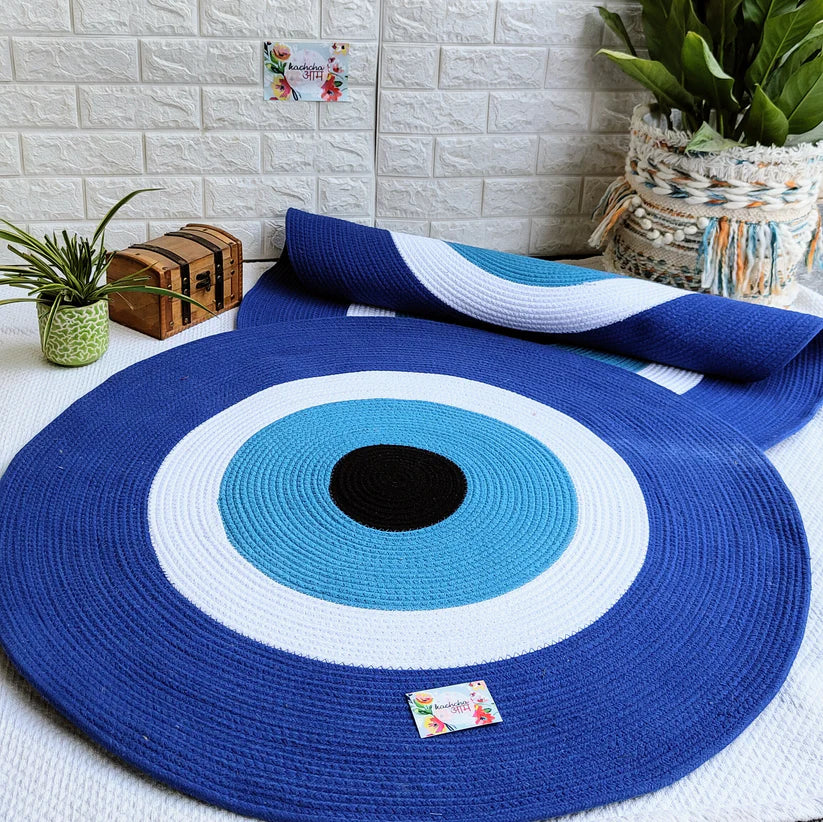 Evil Eye Natural Jute Reversible Rug Hand Braided Round Area Rug for Home Décor