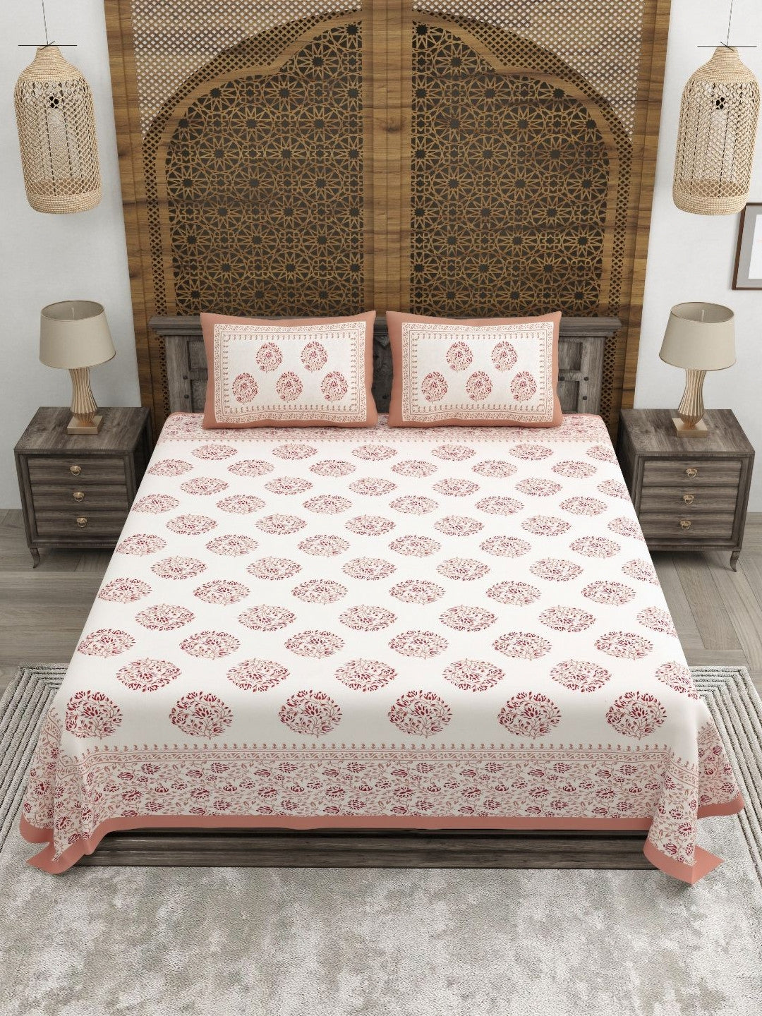 Rangloom Fabrics Peach Floral Cotton 180 TC King Fine Bedsheet with 2 Pillow Covers