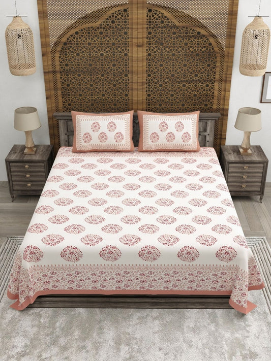 Rangloom Fabrics Peach Floral Cotton 180 TC King Fine Bedsheet with 2 Pillow Covers