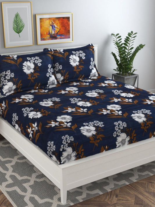 Rangloom Fabrics Premium Aspire Collection Navy Blue Floral Microfiber 144 TC Queen Bedsheet with 2 Pillow Covers