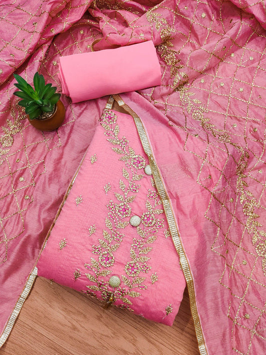 Rani Raiment Floral Embroidered Thread Work Chanderi Silk Unstitched Dress Material