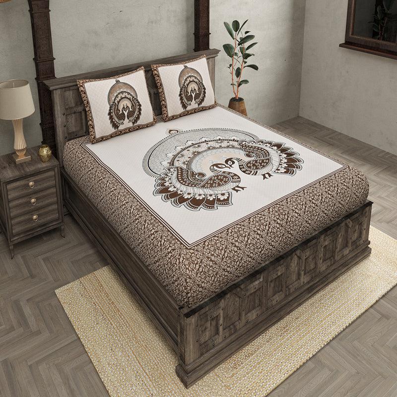 Peacock Design Jaipuri Printed 100% Pure Cotton Bedsheet With Pillow Covers