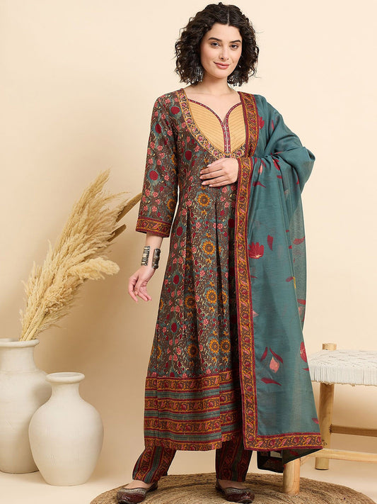 Rani Raiment Green Floral Printed Regular Kurta with Trousers & With Dupatta