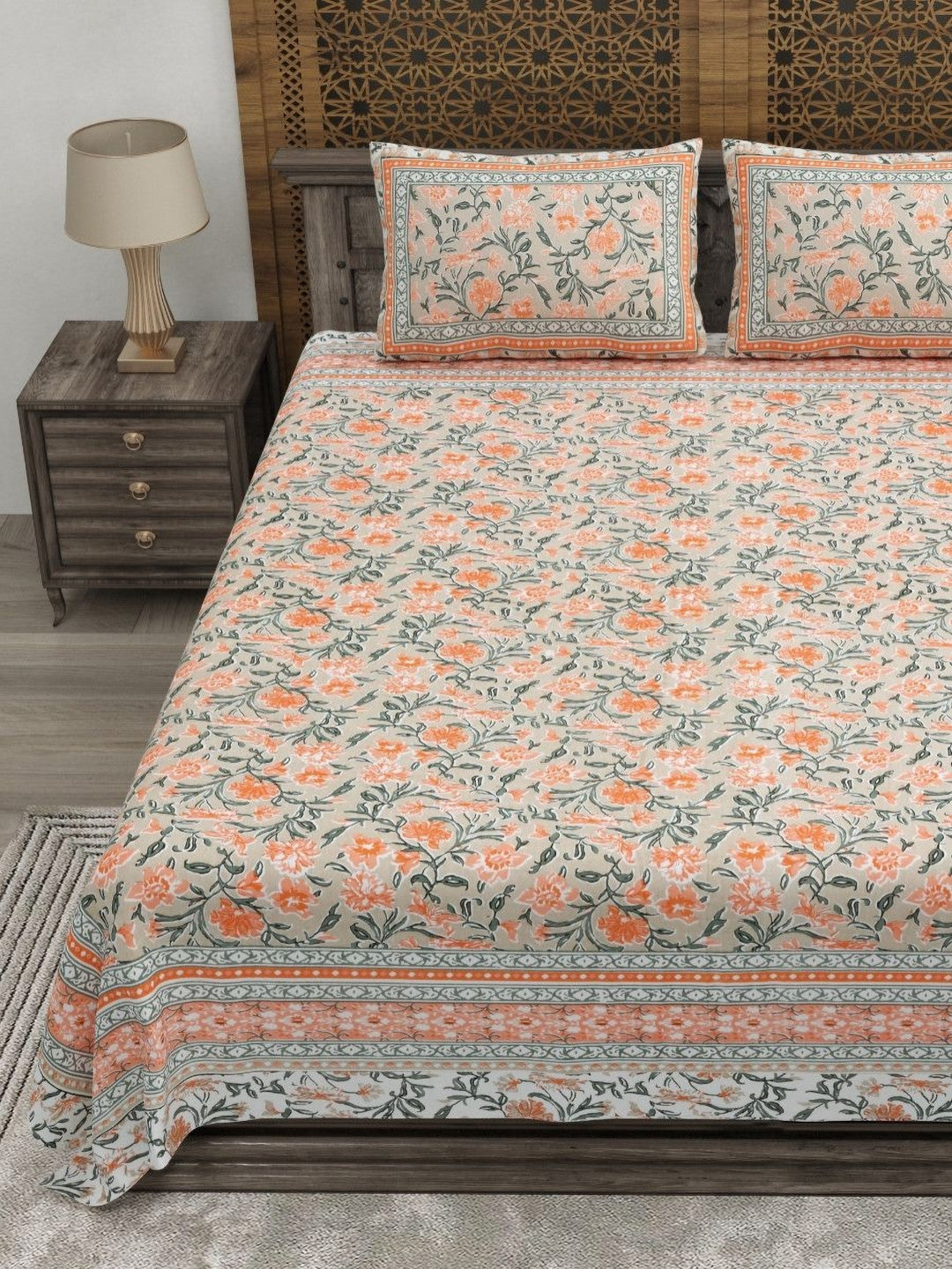 Rangloom Fabrics Orange Floral Pure Cotton 180 TC King Fine Bedsheet with 2 Pillow Covers-108 x 89 inches