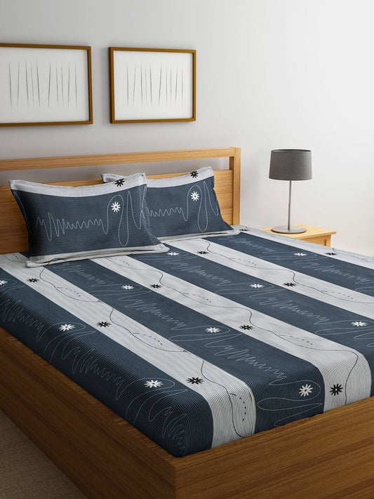 Rangloom Fabrics Blue Striped Cotton 300 TC King Fine Bedsheet with 2 Pillow Covers
