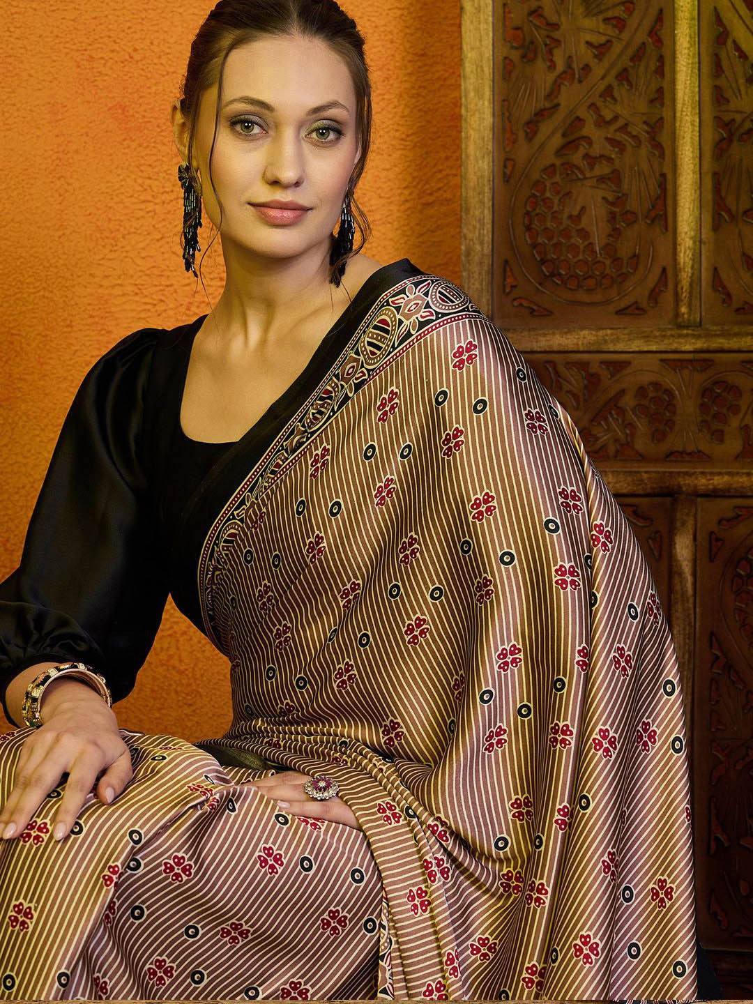 Rani Raiment Striped Satin Block Print Saree