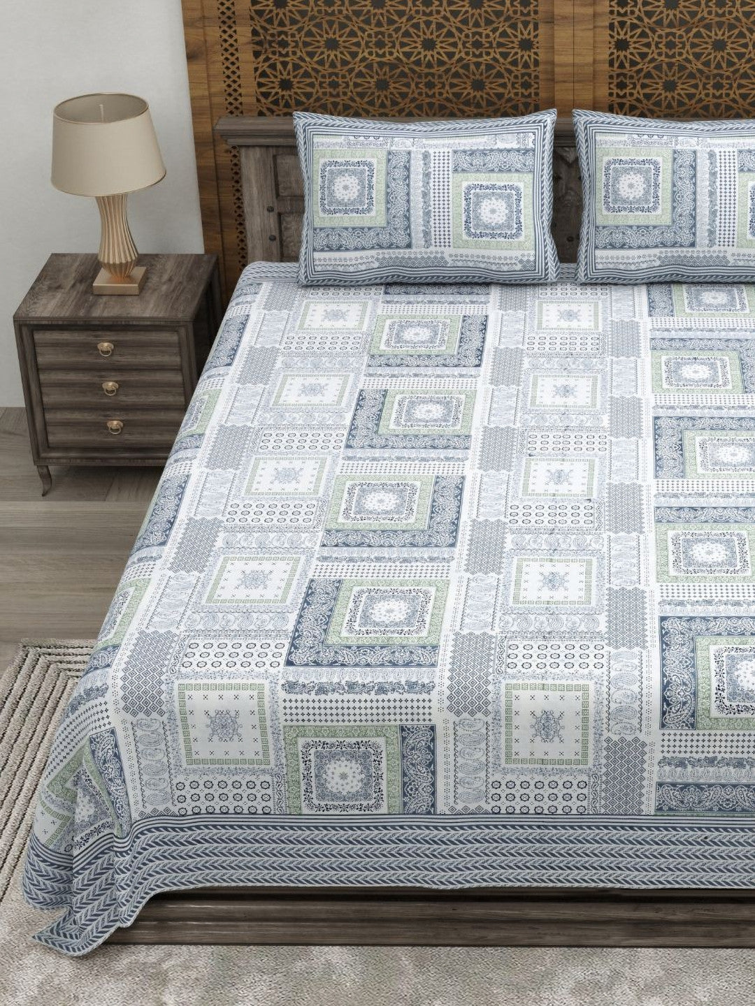 Rangloom Fabrics Grey Geometric Pure Cotton 180 TC King Fine Bedsheet with 2 Pillow Covers