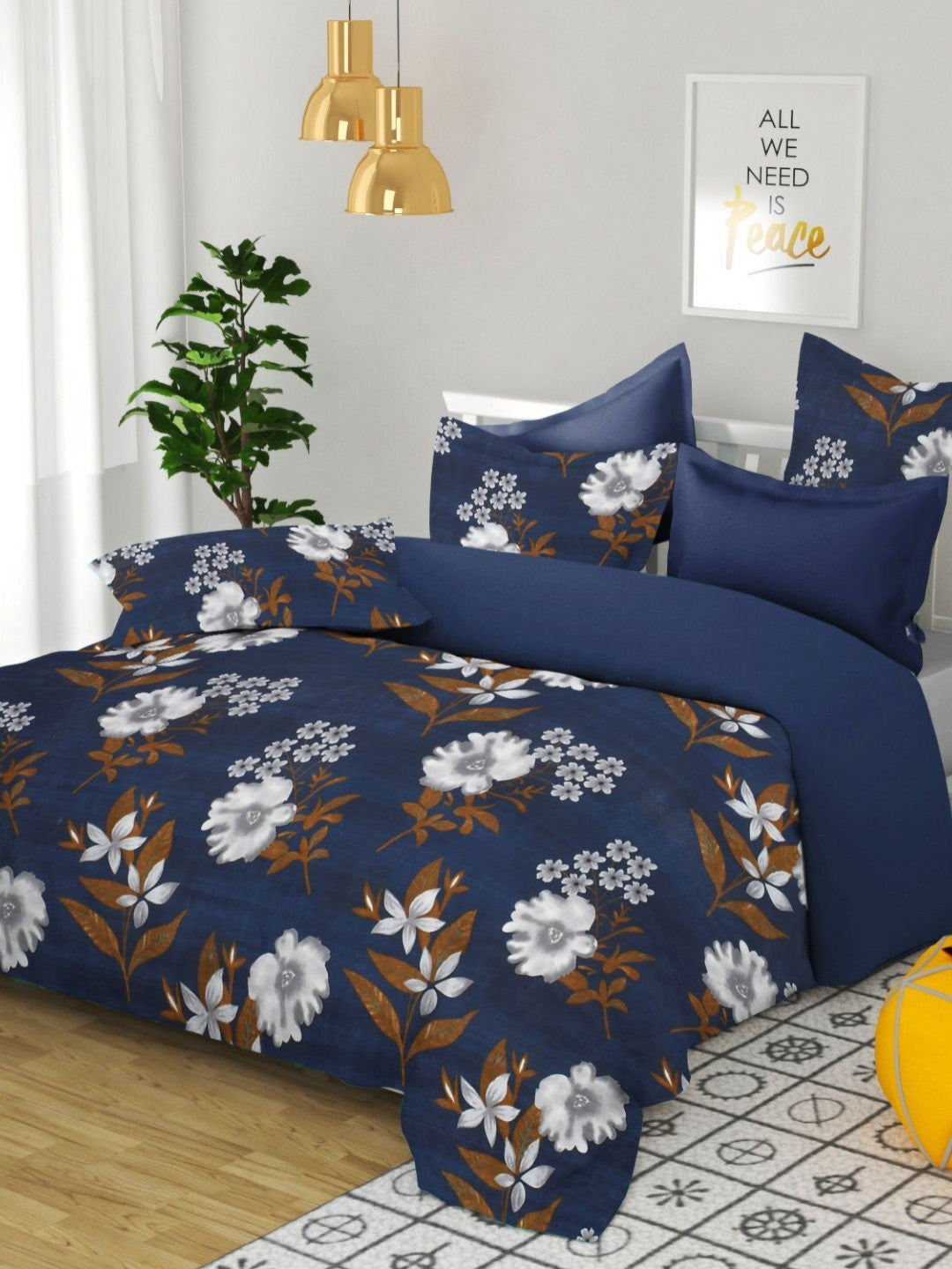 Rangloom Fabrics Premium Aspire Collection Navy Blue Floral Microfiber 144 TC Queen Bedsheet with 2 Pillow Covers