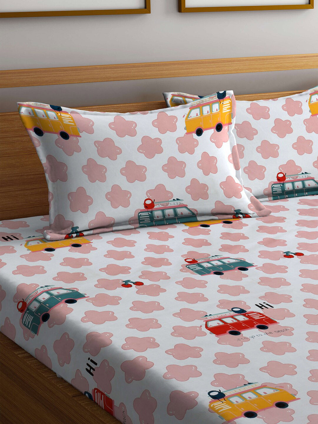 Rangloom Fabrics White Conversational Polycotton 300 TC King Fine Bedsheet with 2 Pillow Covers