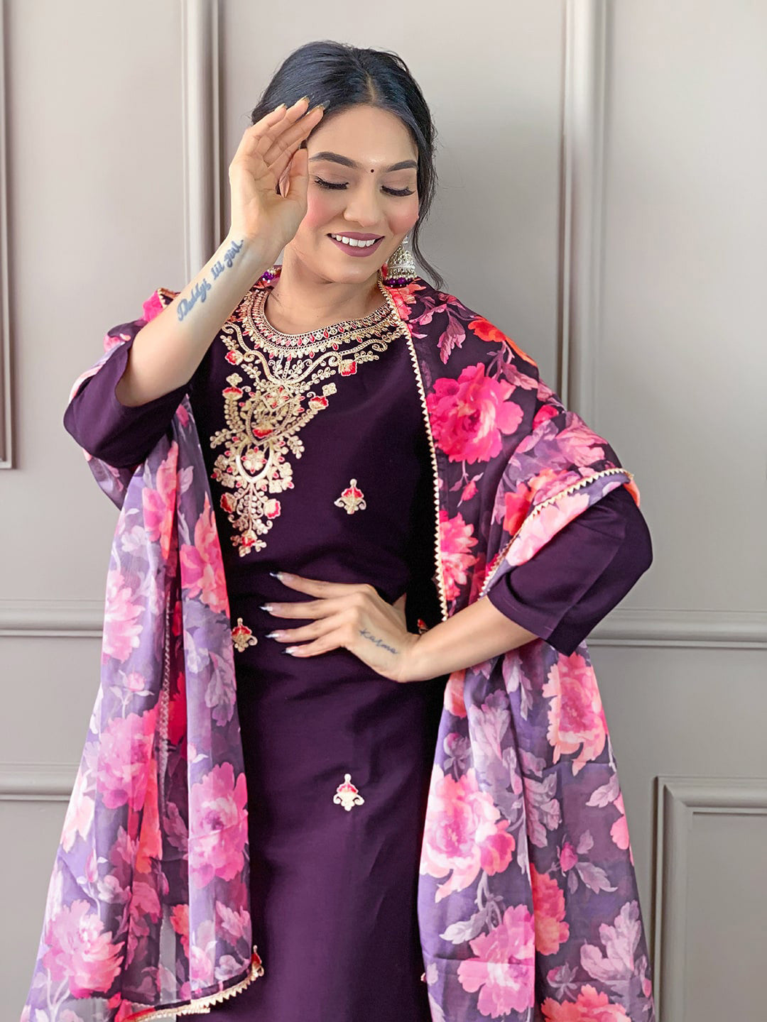 Rani Raiment Turquoise Blue Floral Embroidered Regular Thread Work With Trousers & Dupatta