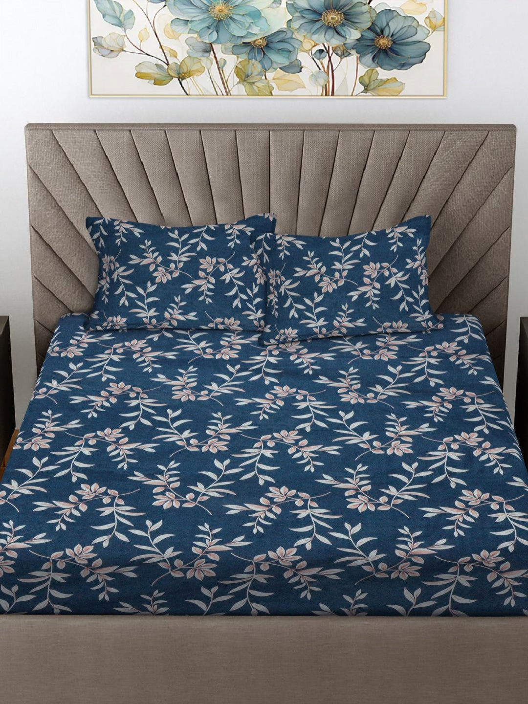 Rangloom Fabrics Blue Floral 300 TC Double King Bedsheet With 2 Pillow Covers