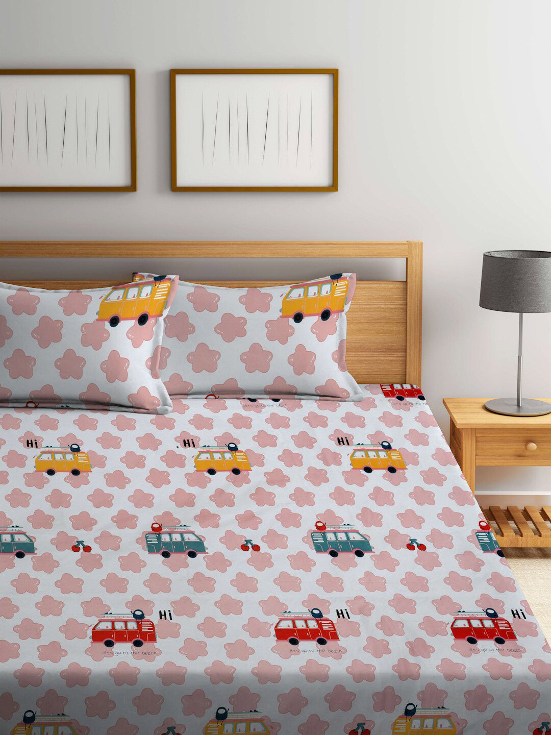 Rangloom Fabrics White Conversational Polycotton 300 TC King Fine Bedsheet with 2 Pillow Covers