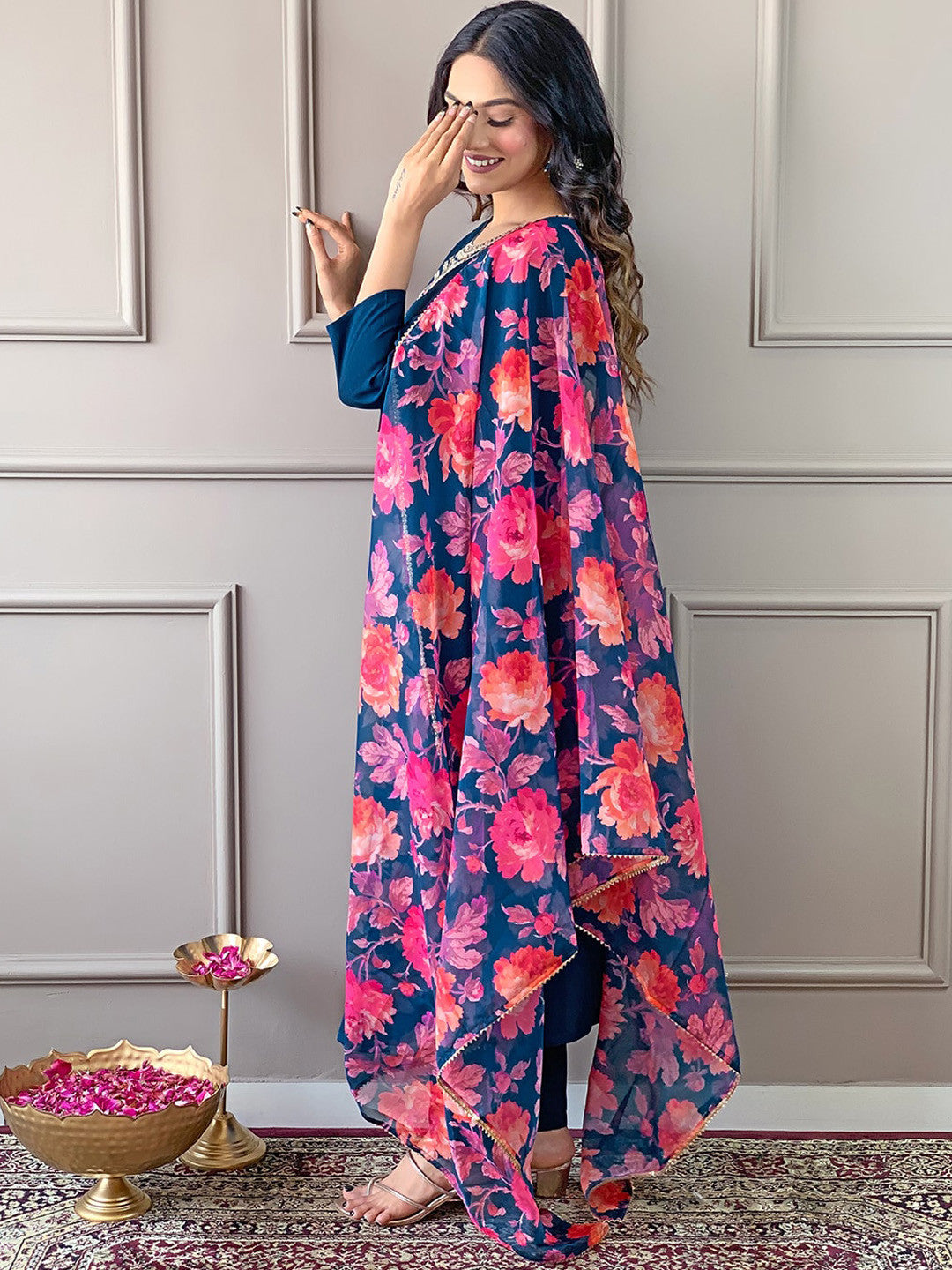 Rani Raiment Turquoise Blue Floral Embroidered Regular Thread Work With Trousers & Dupatta