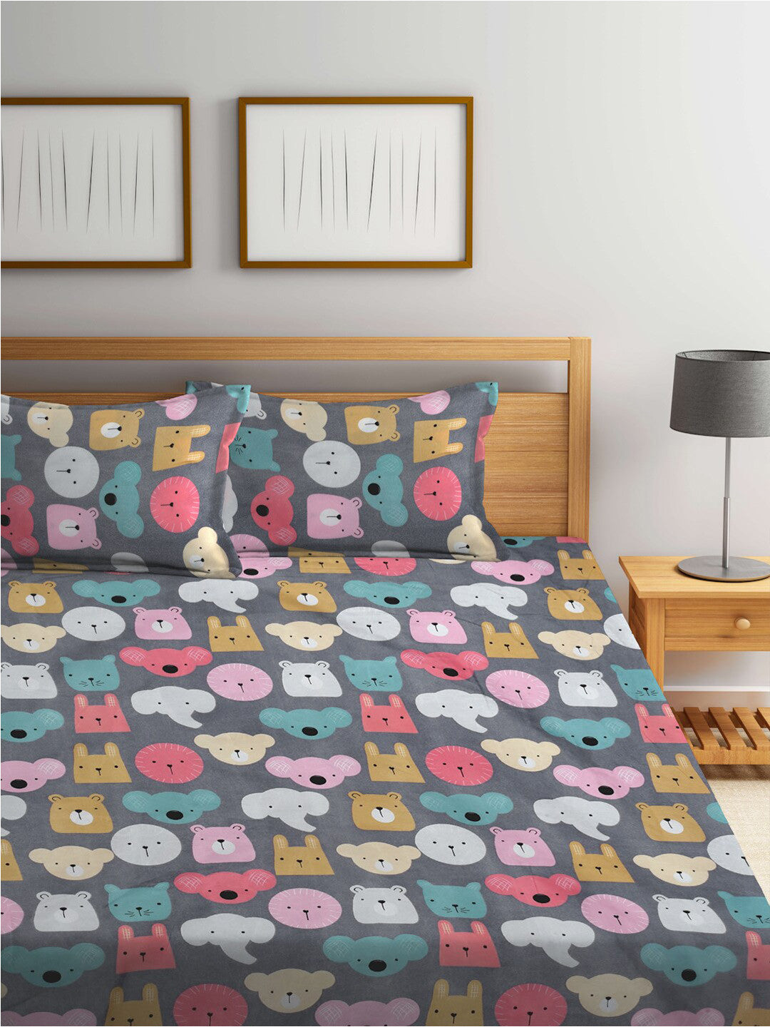 Rangloom Fabrics Blue Conversational Polycotton 300 TC King Fine Bedsheet with 2 Pillow Covers